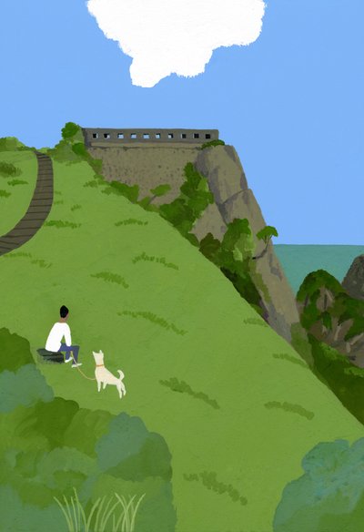 芝生の丘で犬と一緒に休憩。 作： Hiroyuki Izutsu