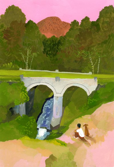 愛犬と一緒に夕暮れの橋を見る 作： Hiroyuki Izutsu