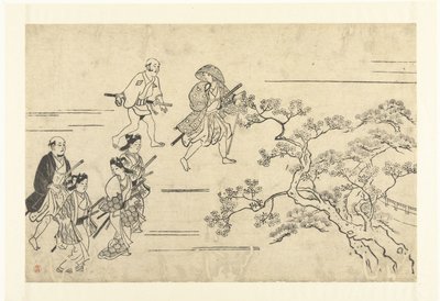 ピクニックに向かう5人の貴族と使用人 上野お花見（連載タイトル） 上野花見の亭（連載タイトル） 作： Hishikawa Moronobu (attributed to)