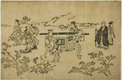 「上野花見の情景」より 通りすがりの駕籠 作： Hishikawa Moronobu