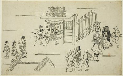 上屋町入口 「吉原の亭」シリーズより 1681-84年頃（錦絵、墨摺絵、大判 作： Hishikawa Moronobu