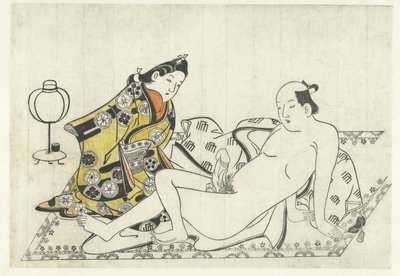 若い女性と敷物の上の裸の男 作： Hishikawa Moronobu