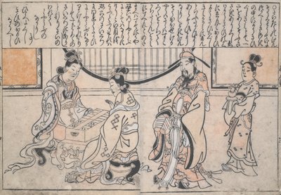 玄宗皇帝が見守る中、楊貴妃ともう一人の女性がゲームをしている 作： Hishikawa Moronobu