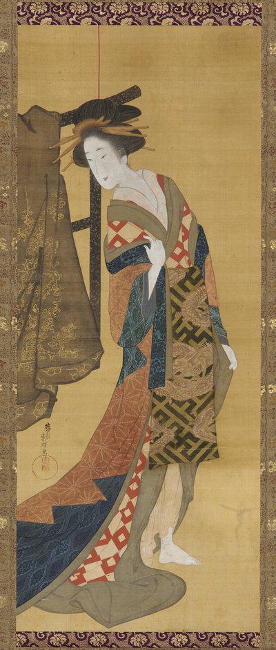 洋服掛けのそばに立つ遊女、江戸時代、19世紀初頭。 作： Hishikawa Sori