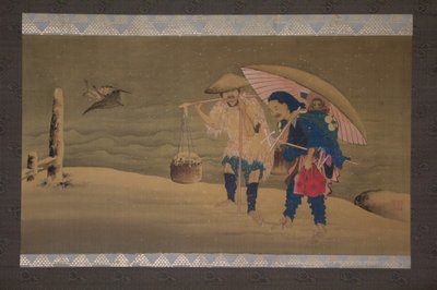 モンキー ショーマンと雪の中のポーター、19 世紀。 作： Hokuga