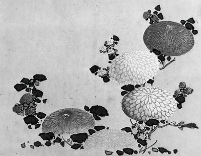 菊、19世紀。 作： Hokusai School.