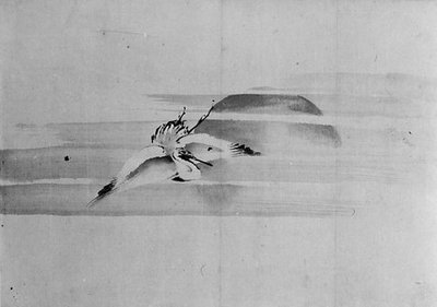 鶴と太陽、19世紀。 作： Hokusai School.