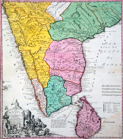 インディアン半島の地図、1733年（手描きの彫刻） 作： Homann Heirs Company