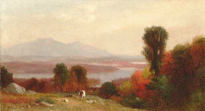 秋の川の風景の中の牛と羊の放牧 作： Homer Dodge Martin