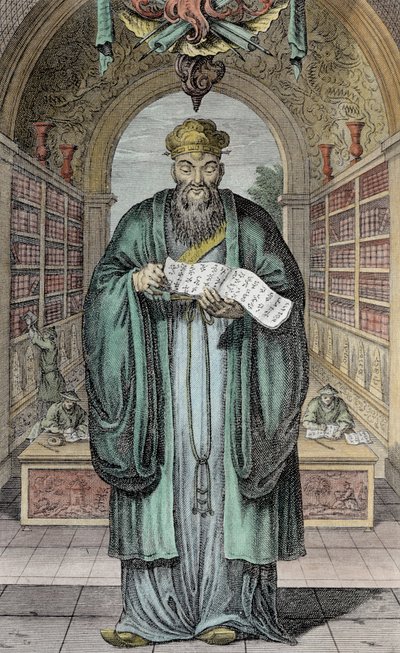 ヘンリーフレッチャー（fl.1729）によって彫刻された中国の最も有名な哲学者であるコングフーツェ（孔子）（後の着色） 作： Honbleau