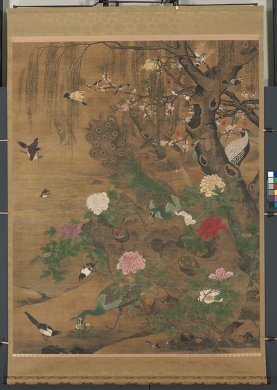 掛け軸、春の柳の下に鳥が集まる、1400年代後半から1500年前半（シルクにインクとカラー） 作： Hong Yin