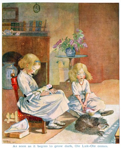 ハンス・クリスチャン・アンデルセン（1805-75）による「おとぎ話」の版の「Ole Luk-Oie」から、暗くなり始めるとすぐに（1920年）（紙に水彩） 作： Honor Charlotte Appleton