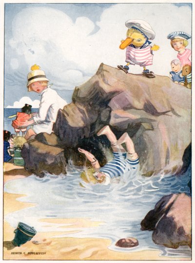 「かわいそうなエイミーは海の真下に転がり落ちた」、「Josephine is Busy」のイラスト、H.C. Blackie & Son, Ltd. 発行の Cradock (カラー リソ) 作： Honor Charlotte Appleton