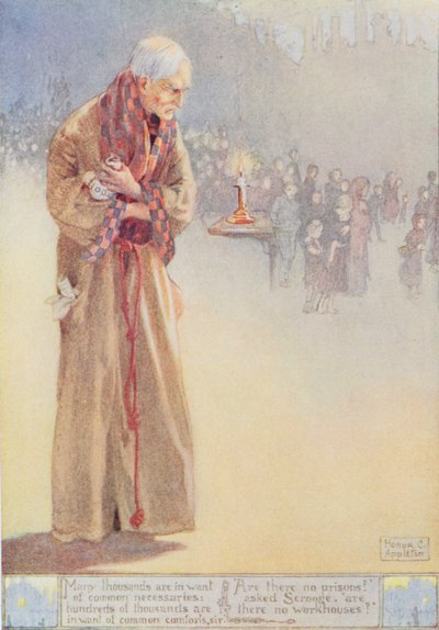 「貧しい人々に関するスクルージ」、チャールズ・ディケンズ（1812-70）による「クリスマス・キャロル」（1843）のイラスト（カラーリソ） 作： Honor Charlotte Appleton