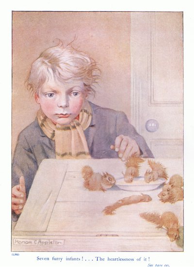 7人の毛むくじゃらの幼児、エレノア・タイレル作「リスの詳細」のイラスト、1915年頃（カラーリソ） 作： Honor Charlotte Appleton