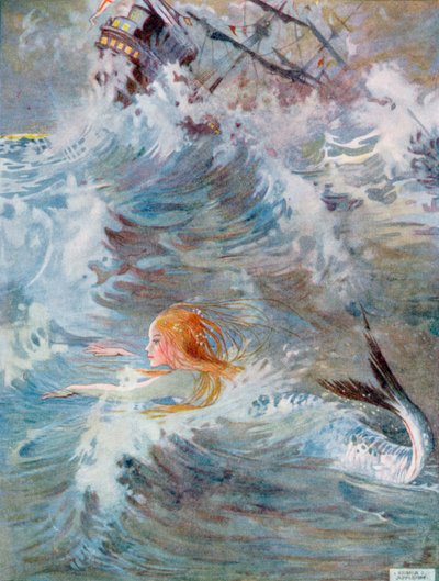 ハンス・クリスチャン・アンデルセン（1805-75）による「おとぎ話」の版の「リトル・マーメイド」から、彼女は水の下に深く潜り、波の間に再び立ち上がる（1805-75）1920（紙に水彩） 作： Honor Charlotte Appleton