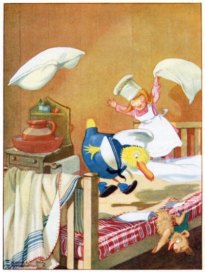 フットマンはベッドの上でお互いを追いかけていました.Blackie＆Co.から出版された「Josephine Keeps House」のイラスト. 作： Honor Charlotte Appleton