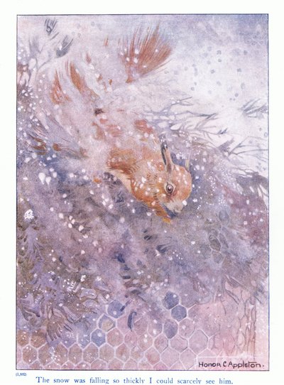 雪が非常に厚く降っていたので、彼を見ることはほとんどできませんでした。エレノア・タイレルによる「リスについての詳細」のイラスト、1915年頃（カラーリソ） 作： Honor Charlotte Appleton