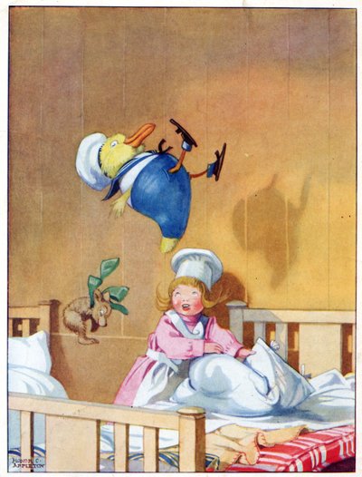 Blackie & Co 発行の「Josephine Keeps House」のイラストより、彼らは泉で跳ね回っています。 作： Honor Charlotte Appleton