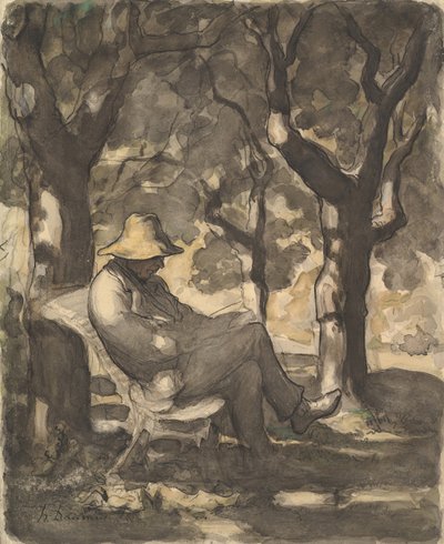 A Man Reading in a Garden recto..., ca. 1865年。 作： Honoré Daumier