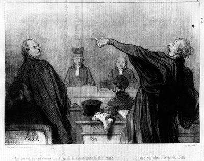 オノレ・ドーミエ（1808-1879）が描いた正義をテーマにした漫画シリーズ「Gens de Justice」から、依頼人が自分とうまくやっていけるという最も親密な確信に満ちている弁護士。"Charivari" 作： Honoré Daumier