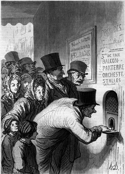 劇場の窓。オノレ・ドーミエ（1808-1879）の漫画。1862年6月7日付「Le Monde Illustré」269号に掲載された版画。 作： Honoré Daumier
