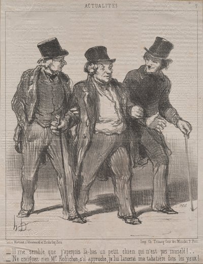 実態その7：口輪をつけられていない小さな犬に気づいたようです！...、1852。 作： Honoré Daumier