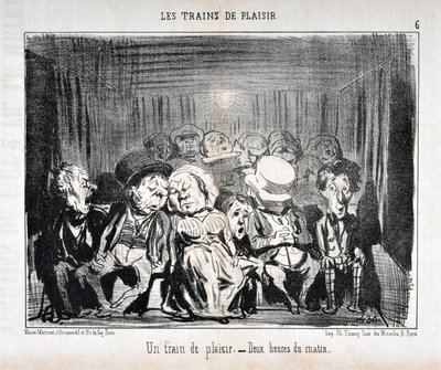 オノレ・ドーミエ（1808-1879）のアートワーク 1852年のシャリバリ紙の日付：Serie LES TRAINS DE PLAISIR -Un train de plaisr.- 夜中の2時。マルセイユ、ロンシャン宮殿の美術館 作： Honoré Daumier