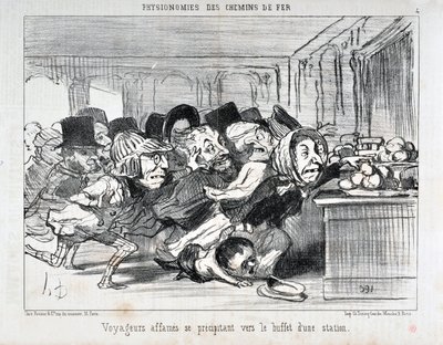 オノレ・ドーミエ（1808-1879）の作品 1852年のシャリヴァリ紙の日付：チェーン・ド・フェールの写真 駅のビュッフェに駆け寄る空腹の旅人たち マルセイユのパレ・ロンシャン美術博物館 作： Honoré Daumier