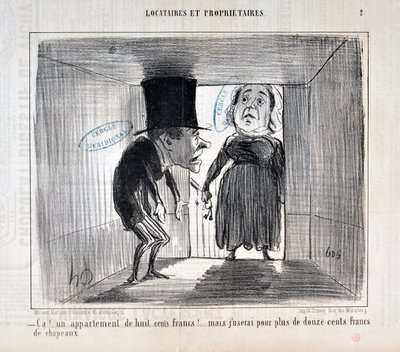 オノレ・ドーミエ（1808-1879）のアートワーク 1854年のシャリヴァリの日付。テニフェスとオーナーズ」 「カ！...800フランのアパルトマン！...でも1200フラン以上の帽子に使うわ」 マルセイユのパレ・ロンシャン美術博物館（MUSEE DES BEAUX ARTS 作： Honoré Daumier