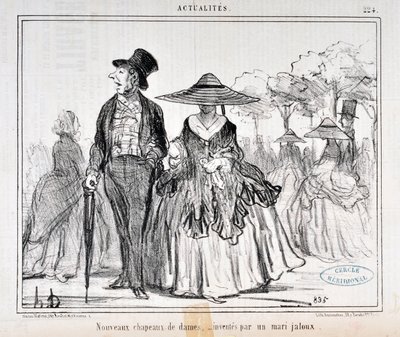 オノレ・ドーミエ（1808-1879）の芸術作品 1855年のシャリヴァリ紙の日付：Serie Actualites 「Nouvelles hats de dames, inventes par un mari jaloux」MusEE DES BEAUX ARTS - PALAIS LONGCHAMP, MARSEILLE 作： Honoré Daumier