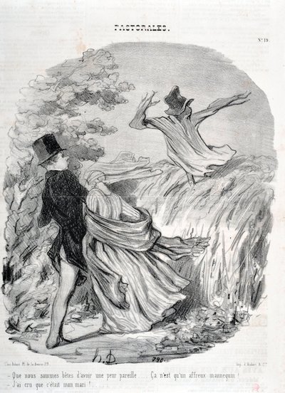 オノレ・ドーミエ（1808-1879）の作品。Charivariは1845年にさかのぼります。Serie PASTORALES "私たちは、このような恐れを持つことがどれほど良いことか...。"彼が私の夫だと思っていました！"マルセイユ、ロンシャン宮殿の美術館 作： Honoré Daumier