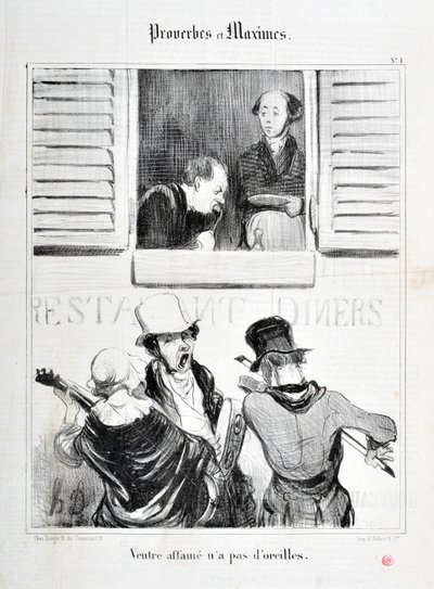 オノレ・ドーミエ（1808-1879）の作品。Charivariは1840年の作品。PROVERBES ET MAXIMES「腹の飢えには耳がない」MUSEE DES BEAUX ARTS - PALAIS LONGCHAMP, MARSEILLE 作： Honoré Daumier