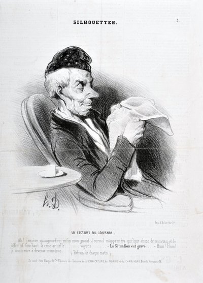 オノレ・ドーミエ（1808-1879）の作品。Charivariは1840年のもの。SOUXETTES "La lecture du journal" MUSEE DES BEAUX ARTS - PALAIS LONGCHAM 作： Honoré Daumier