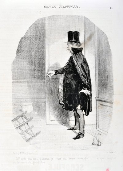 オノレ・ドーミエ（1808-1879）の作品。Charivari」は1842年の作品。3ヶ月の不在の後の天国で、私は私の妻が死んでいるのを発見し、私は彼女の偉大な神を洗うどのような思い出！」。「マルセイユのロンシャン宮殿の美術館 作： Honoré Daumier
