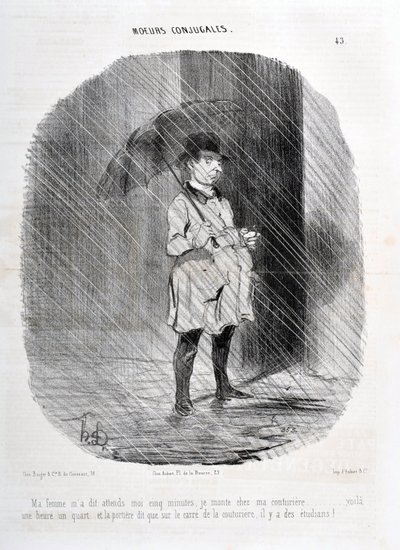 オノレ・ドーミエ（1808-1879）の作品。Charivari」は1842年の作品。Serie MORES CONJUALES 「妻に5分待ってくれと言われたので、1時間15分前にクチュリエに行ってみると、ドアにはクチュリエの広場には学生がいると書いてあった。" 作： Honoré Daumier