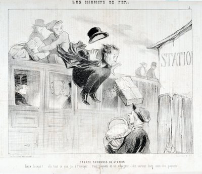 オノレ・ドーミエ（1808-1879）の作品。Charivariは1843年の作品。Serie LES Chemins de fer 30 seconds of station "-Tiens Joseph! vla everything I have to send you... three packages and a traveler - Above particularly care of the packages" MUSEE DES BEAUX ART 作： Honoré Daumier