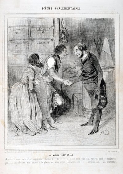 オノレ・ドーミエ（1808-1879）の作品。シャリヴァリ」は1843年の作品。セリーSCENES PARLIAMENTARY。選挙の訪問。マルセイユ、ロンシャン宮殿の美術館 作： Honoré Daumier