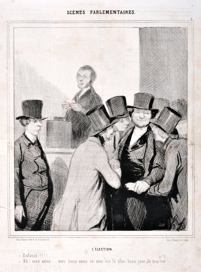 オノレ・ドーミエ（1808-1879）の作品。シャリヴァリ」は1843年の作品。セリーSCENES PARLIAMENTARY。選挙「泳げ！！！」。"ああ、友よ......良き友よ......今夜は私の人生で最も素晴らしい日だ！"マルセイユ、ロンシャン宮殿の美術館 作： Honoré Daumier