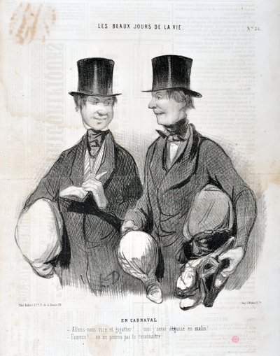 オノレ・ドーミエ（1808-1879）の作品。Charivariは1845年の作品。セリエ LES BEAUX DAYS DE LA VIE。カーニバルで「-笑ってギョッとしよう!頭の良さに失望するぞ!有名な！？私たちはあなたを認識できない..."マルセイユのロンシャン宮殿の美術館 作： Honoré Daumier
