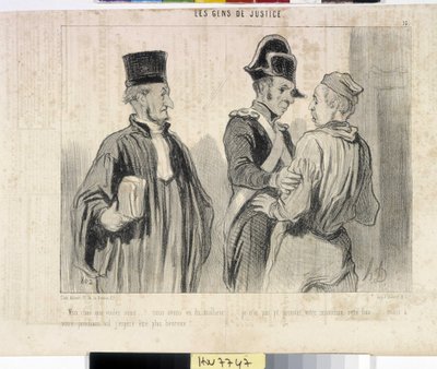 オノレ・ドーミエ（1808-1879）の作品。Charivariは1845年の作品。セリー LES PEANS DE JUSTICE。"何の用だ？""我々は不幸だった""今回は君の無実を証明できなかった今回はあなたの無実を証明することができませんでした...でも次のフライトではもっと幸せになりたいと思っています」との抜粋。 作： Honoré Daumier