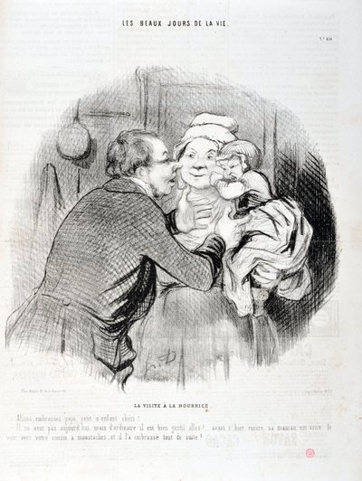 オノレ・ドーミエ（1808-1879）の作品。Charivariは1848年の作品。人生の美しき日」シリーズ。看護師の訪問 - パパにキスしよう 小さな子供のダーリン - 彼は今日を望んでいないが、いつもは..."マルセイユ、ロンシャン宮殿の美術館 作： Honoré Daumier