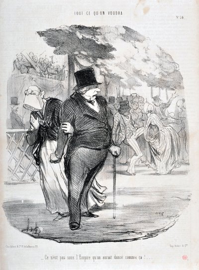 オノレ・ドーミエ（1808-1879）の作品。Charivariは1849年の作品。Serie ALL WHAT YOU WILL WILL "こんな風に踊るのは帝国の下ではありえない！..."マルセイユ、ロンシャン宮殿の美術館 作： Honoré Daumier