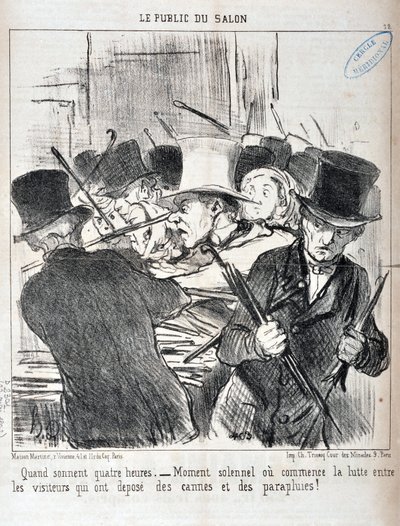 オノレ・ドーミエ（1808-1879）の作品。Charivariは1852年の作品。Serie LE PUBLIC DU SALON - "When sound four hours.- solemn moment or begins the struggle between visitors who has deposited canes and umbrellas" MUSEE DES BEAUX ARTS - PALAIS LONGCHAMP, 作： Honoré Daumier