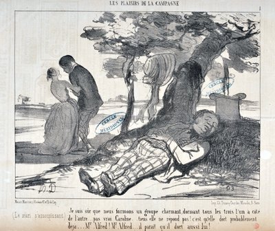 オノレ・ドーミエ（1808-1879）の芸術作品 Charivari dates from 1853: Serie LES PLAISIRS DE LA CAMPAGNE 「きっと魅力的なグループを形成するでしょう、3人とも1対1で...右のキャロライン...ここで彼女は反応しません！」。もうアスリ-トしているだろう 作： Honoré Daumier