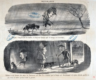 オノレ・ドーミエ（1808-1879）の作品「シャリヴァリ」は1853年の作品です。Serie Sketches de Chasse "Depart Five heures du matin, - le chasseur finds that the weather is uncertain" "Back to six o