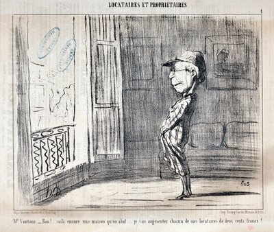 オノレ・ドーミエ（1808-1879）の作品 シャリヴァリは1854年の作品。Serie TENNIQUES ET OWNIRES "Mr Vautour - Bon!...これは別の家が撃ち落とされたものだ...。私は各借家人に200フランずつ増額します！」。ロンシャン宮殿の美術博物館 作： Honoré Daumier