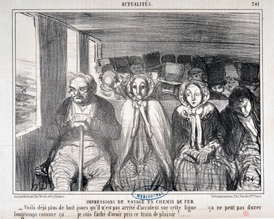 オノレ・ドーミエ（1808-1879）のアートワーク Charivari は1855年のもの。Serie Actualites de voyage en railroad "-この路線で事故が起きなかったのは8日以上になる...このまま長くは続かないだろう...。この列車に乗ったことを後悔している 作： Honoré Daumier