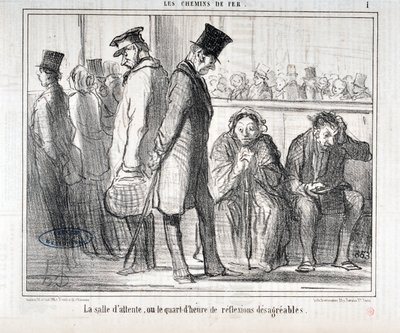 オノレ・ドーミエ（1808-1879）の作品。Charivariは1855年の作品。Serie LES Chemins de fer "The waiting room or the quarter hour of disagree reflexions" MUSEE DES BEAUX ARTS - PALAIS LONGCHAMP, MARSEILLE 作： Honoré Daumier