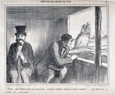Honore Daumier (1808-1879) Charivari dates from 1858: Serie EMOTIONS EN Chemin de fer -" Tiens... ma femme avec un monsieur... et nous sommes lances a toute vapeur!!..no way to go surprise them!!.."美術館、ロンシャン宮殿、マーチ 作： Honoré Daumier